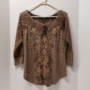 Miss Me Tan & Black 3/4 Sleeve Crochet Tee with Gold & Silver Embellishments